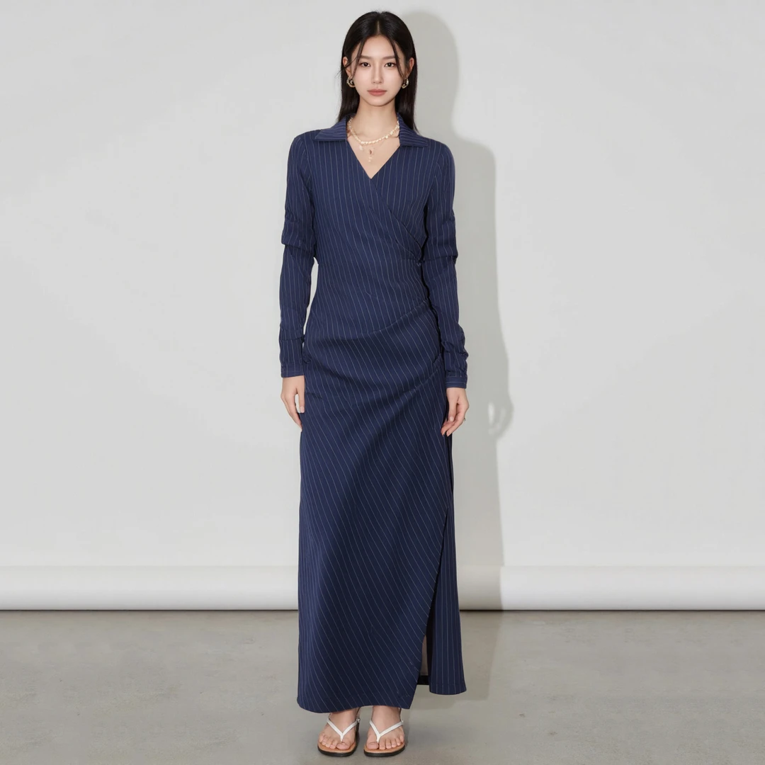 「韩味来袭」2025春新款翻领条纹长款连衣裙女HBZC641242