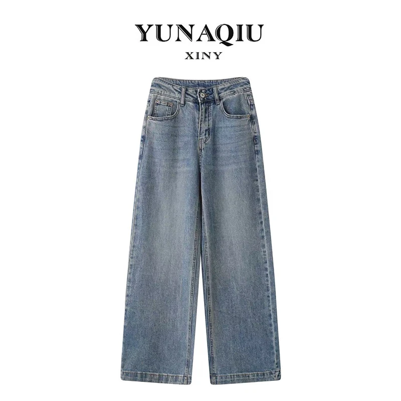 YUNAQIU春季新款时尚简约蓝色复古潮流宽松牛仔直筒裤6903