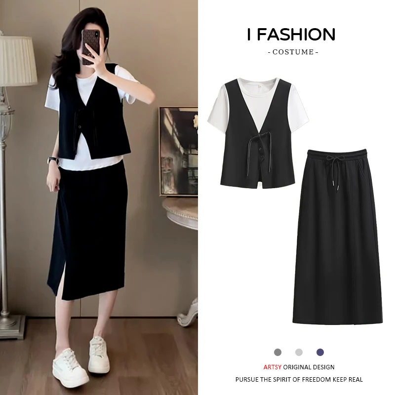 设计感气质通勤穿搭女夏季白色短袖T恤黑色马甲开叉半身裙三件套