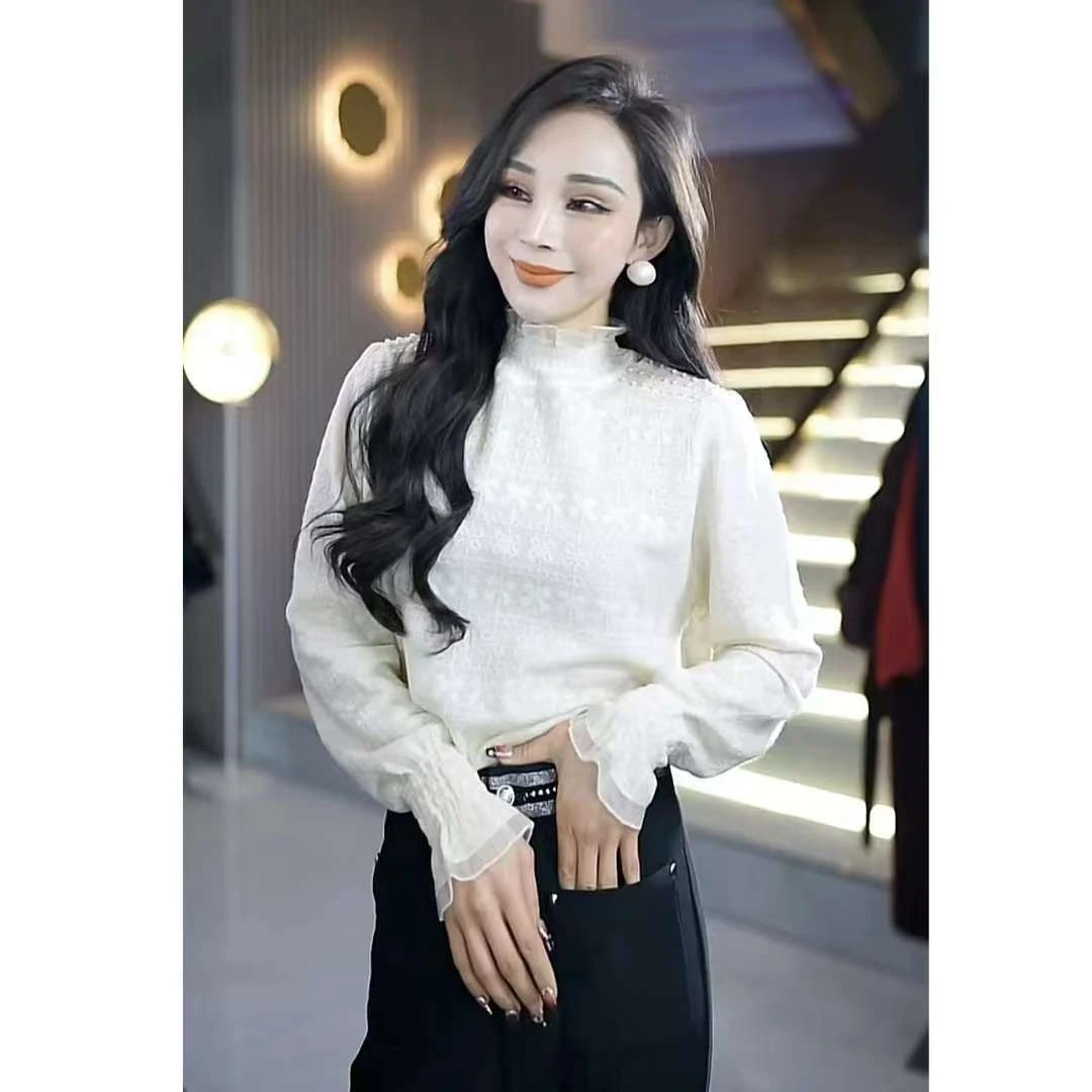 冬季轻奢时尚气质百搭钉珠钩花女士木耳边半高领打底毛衫3my8901