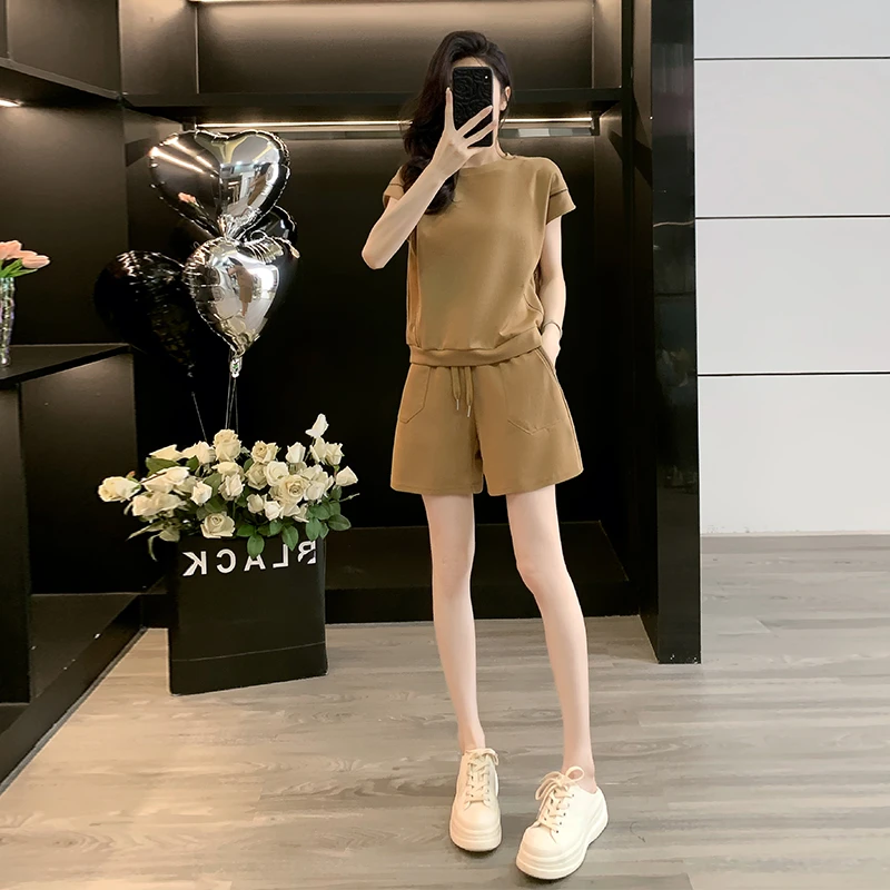 夏季洋气气质短袖百搭韩版老钱风时尚休闲运动套装显瘦减龄两件套