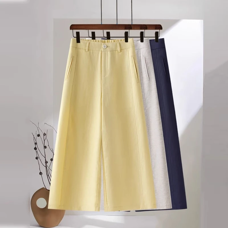 高端天丝亚麻阔腿裤女2025夏季新款八分裤高腰宽松黄色九分直筒裤