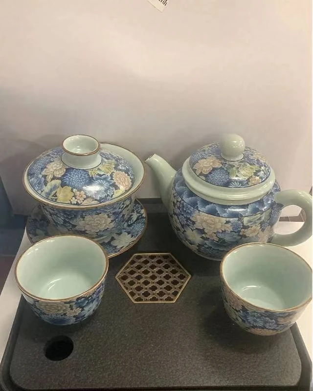 百花不落地釉里红一壶两杯+盖碗+茶盘-ZHZ152