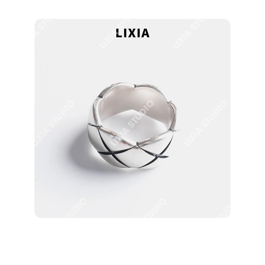 925银戒指 LIXIA【格纹恋人】ins潮时髦街头风丽霞自用戒指-D9755