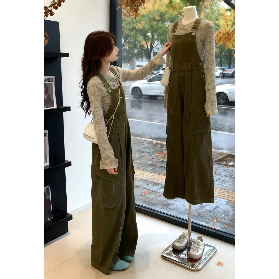 C760+C761韩系设计感露肩长袖上衣牛仔背带裤时尚复古套装女