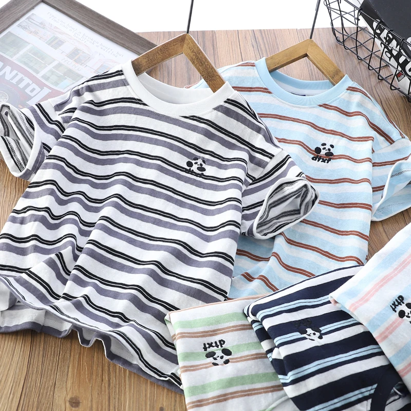 男童夏季条纹竹节棉短袖新款T恤中大童圆领儿童弹力薄款T恤潮6236