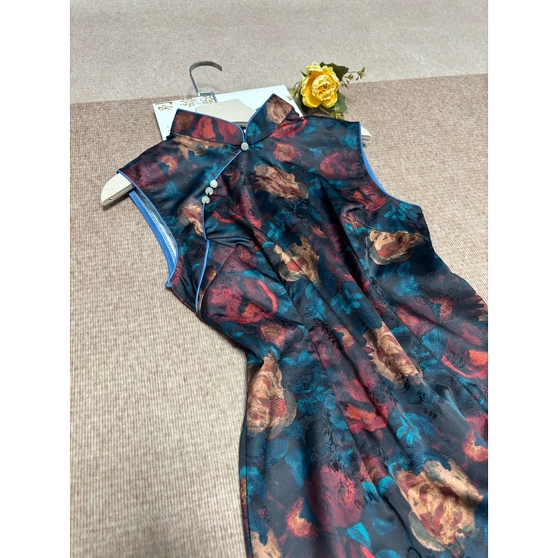 0432 黑色 珠珠扣【油墨花】 无袖 旗袍