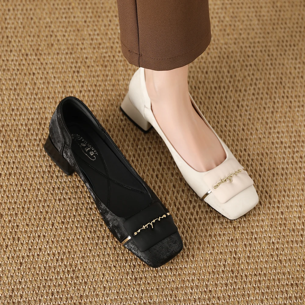 1736-2浅口女单鞋春季新款中跟方头真皮粗跟中年妈妈鞋大码鞋子