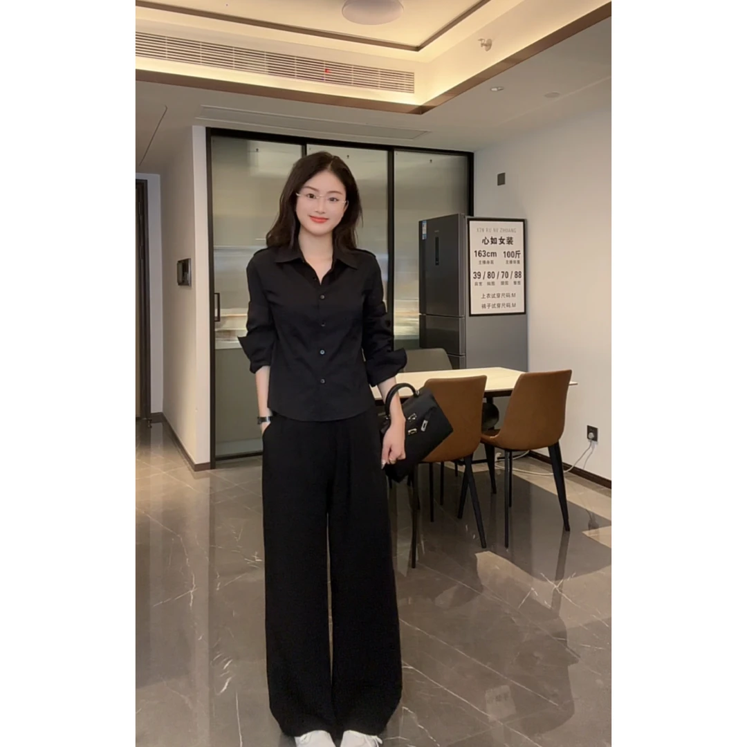 2025秋季新款时尚套装女长袖黑色衬衫+宽松阔腿裤休闲两件套