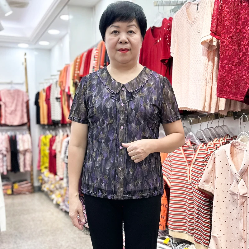 台湾丝高档中老年人女装妈妈装网纱短袖T恤透气婆婆洋气弹力上衣