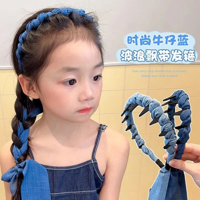 女童复古洋气牛仔飘带带齿编发箍夏日碎发头箍亲子气质麻花辫发饰