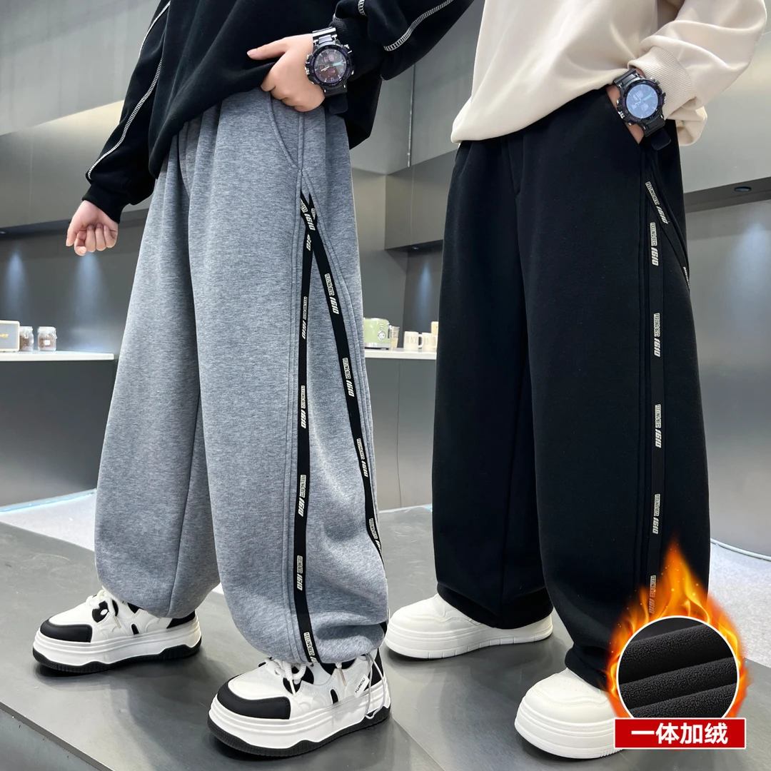 儿童加绒裤子秋冬新款中大童加厚卫裤男童校裤一体绒保暖运动裤冬
