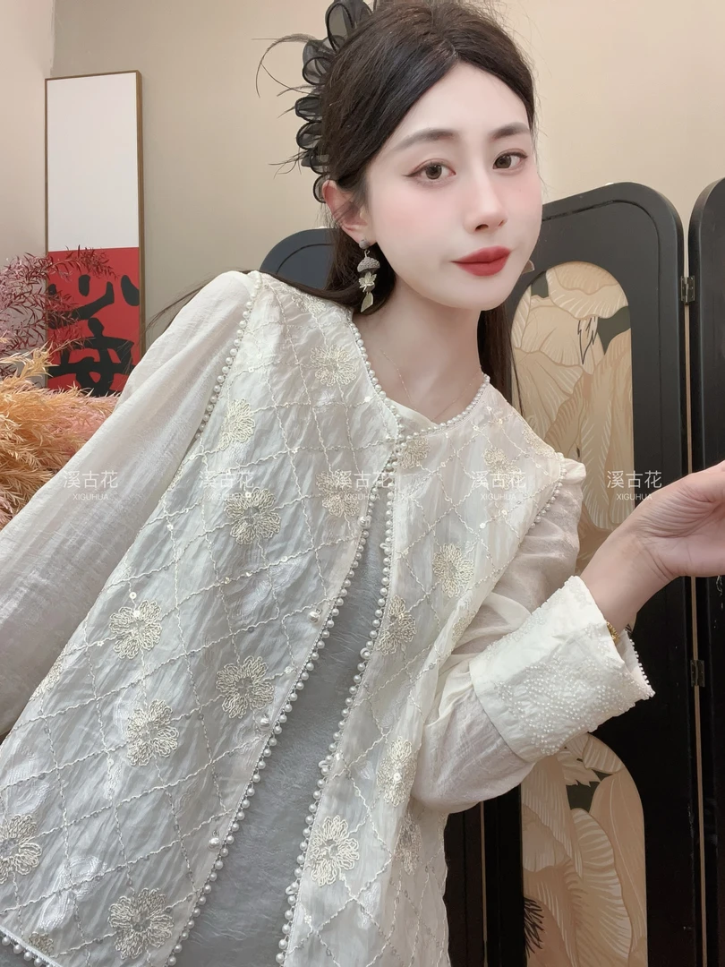 【星月晴】2025新款刺绣新中式马甲女时尚显瘦薄款拼接圆领珍珠马夹