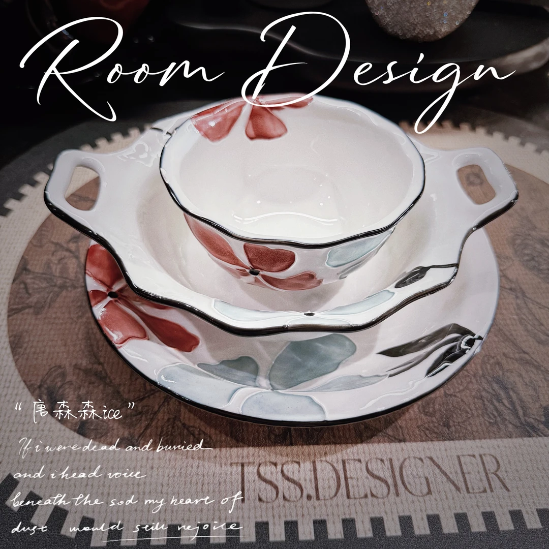 【唐森森设计】高温釉下彩水墨丹青陶瓷饭碗双耳碗汤碗盘装饰摆件