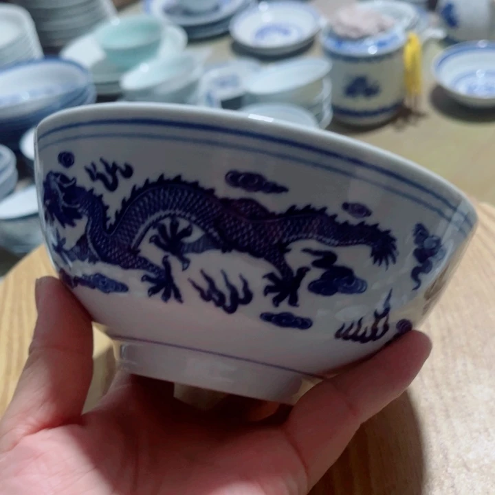 青花玲珑6寸面碗双龙戏珠