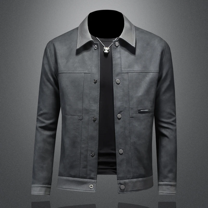 高端修身皮衣男士2025春秋季潮牌撞色拼接翻领机车皮夹克韩版外套