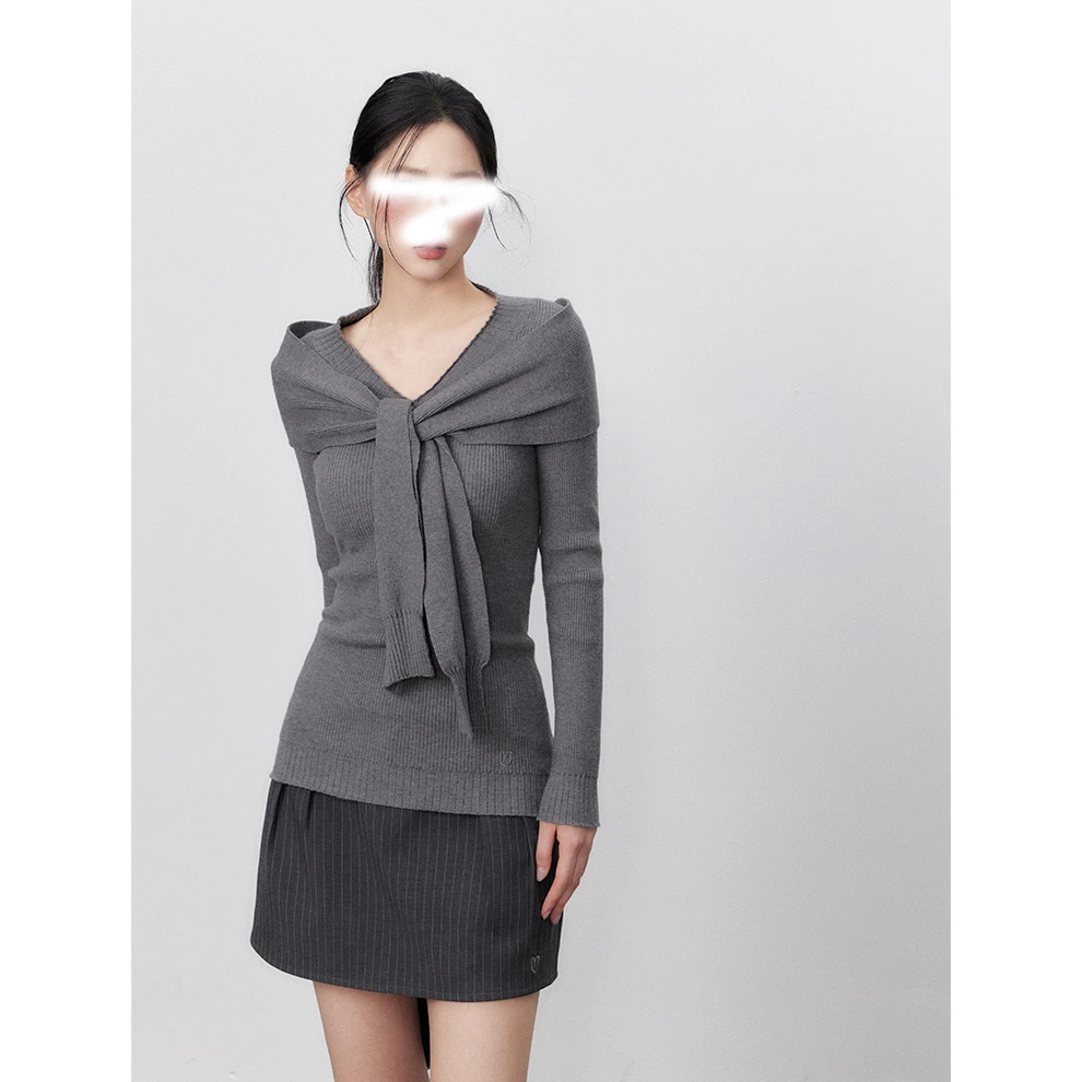 新款秋季灰色系带领设计针织衫毛衣弹力修身显瘦假两件长袖上衣