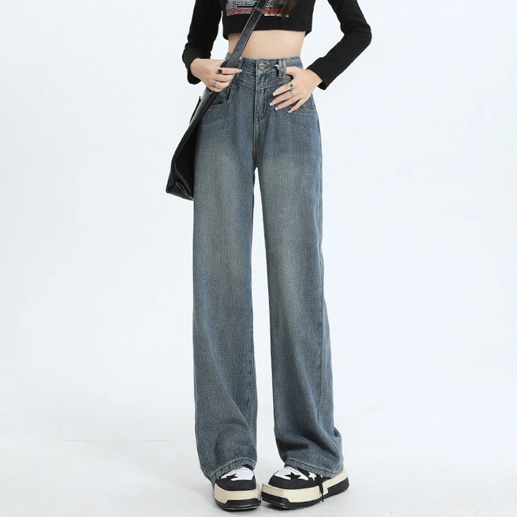 大码美式复古牛仔裤女新款宽松显瘦高腰直筒阔腿裤8002