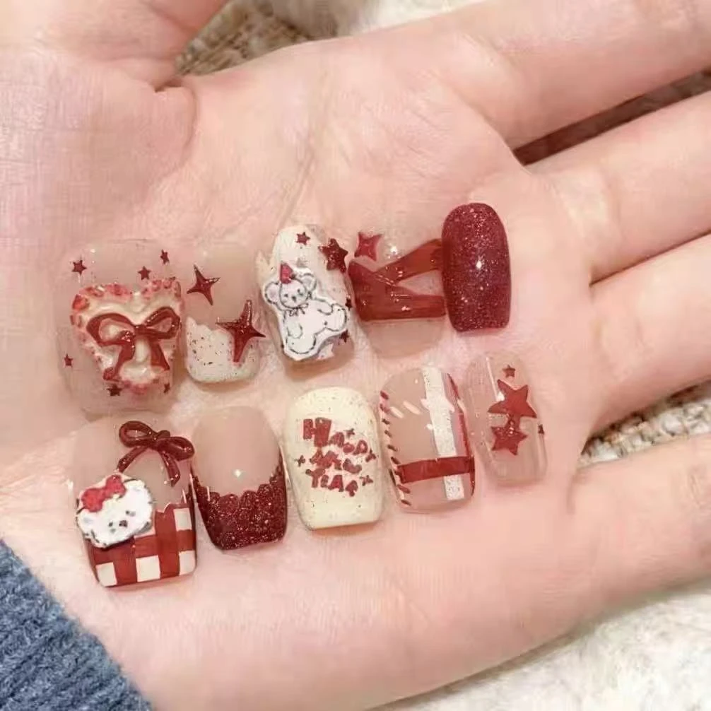 纯手工新款穿戴甲可爱卡通立体小熊美甲甜美猫眼精致显白超可爱