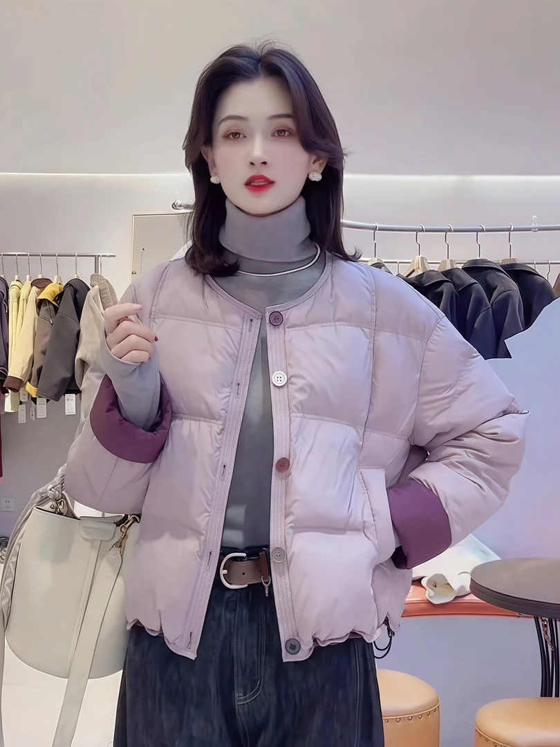 彩扣短款圆领白鸭绒羽绒服女2025冬季新款小个子休闲显瘦保暖外套