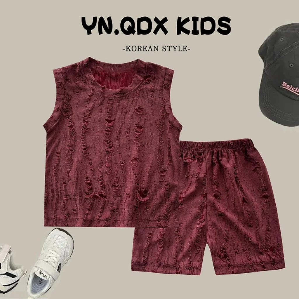 儿童休闲风纯色通用套头简约女宝夏季套装男童红色潮流薄款复古