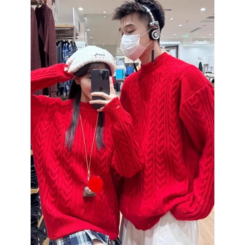 红色高级感提花毛衣男冬季圣诞氛围感穿搭保暖情侣内搭打底针织衫