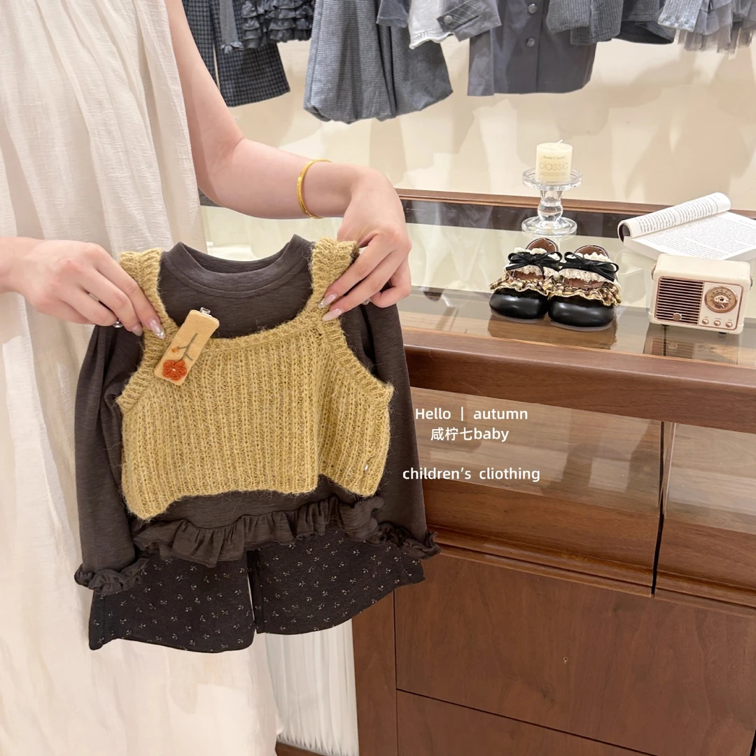 韩版女童套装2025秋季新款针织马甲儿童洋气打底衫裤子韩范三件套