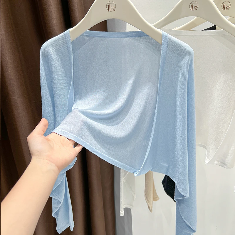 V领针织蓝色薄款蝙蝠袖防晒开衫配裙子冰丝空调衫精致披肩女外搭