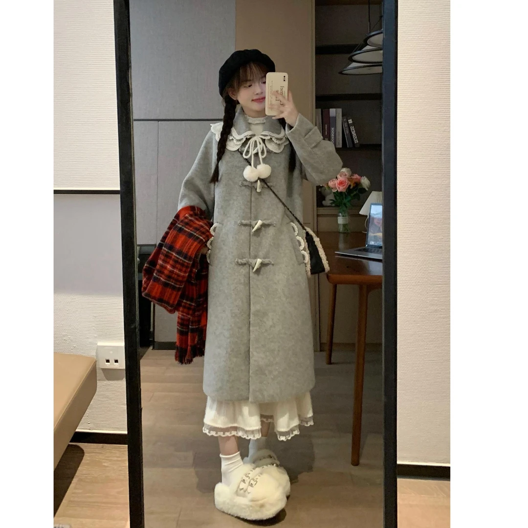 秋冬新款花边领设计加厚中长款灰色呢子大衣百搭毛呢外套女