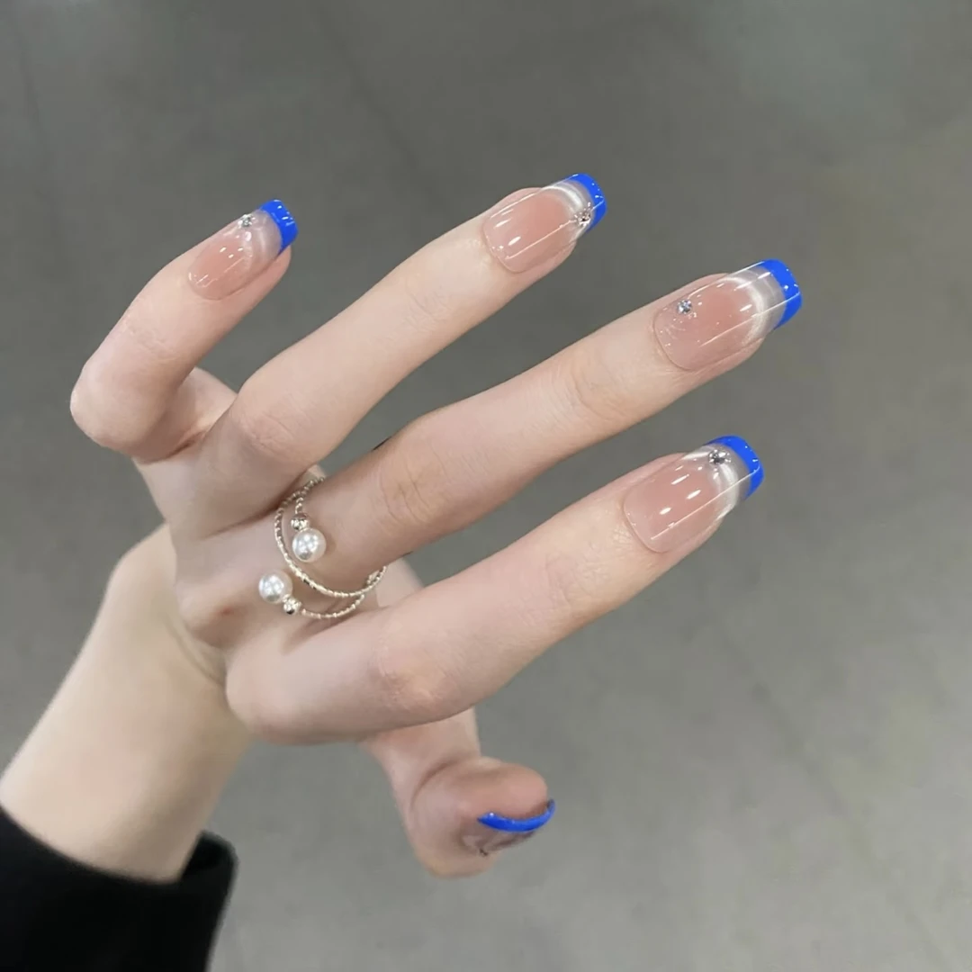 【克莱因】纯手工蓝色穿戴甲短款显白猫眼气质法式指甲贴片爆闪冰透