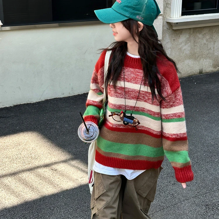 女童彩条毛衣2025秋装新款6-12岁15岁中大儿童秋季女孩百搭针织衫