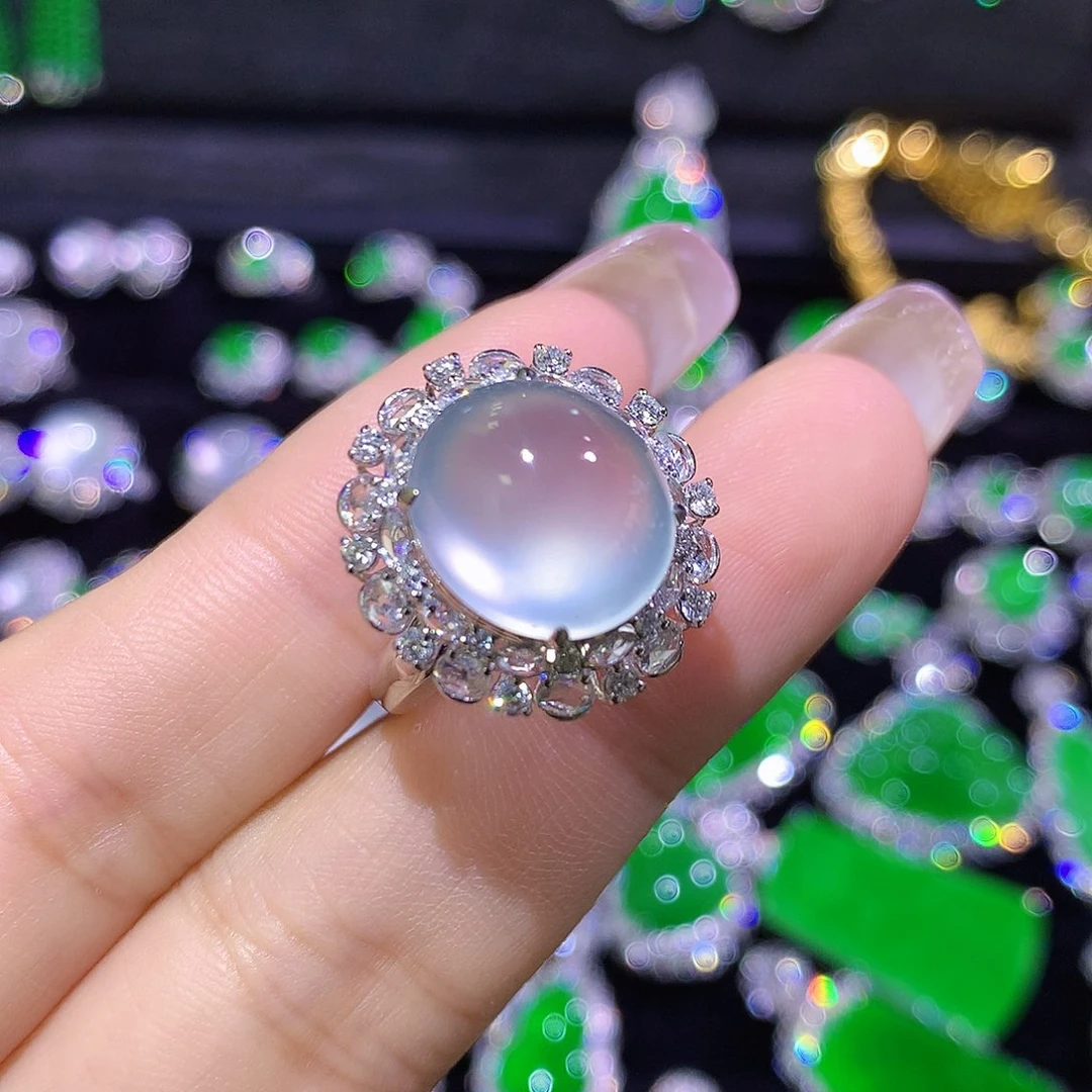 翡翠18K金镶嵌戒指玻璃种蛋面戒指不封底