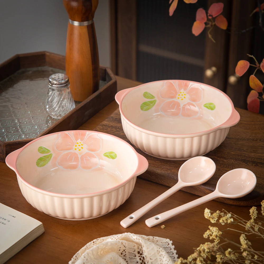 花影系列清新可爱高颜值陶瓷餐具7.5英寸双耳直纹碗面碗4件套