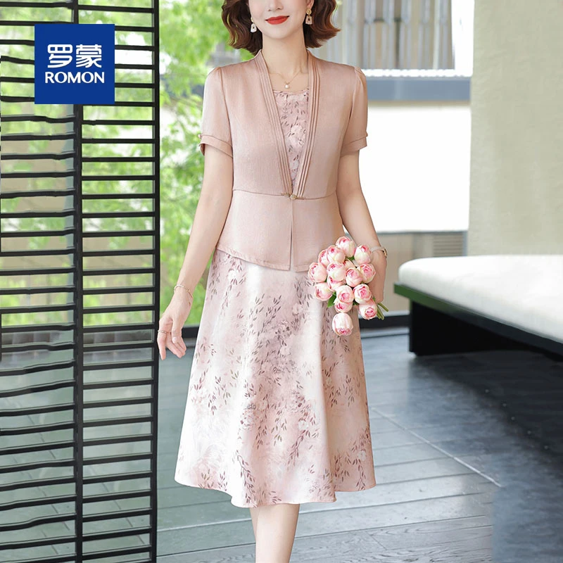 罗蒙时尚中老年女装夏季雪纺小衫连衣裙套装贵夫人妈妈气质中长裙