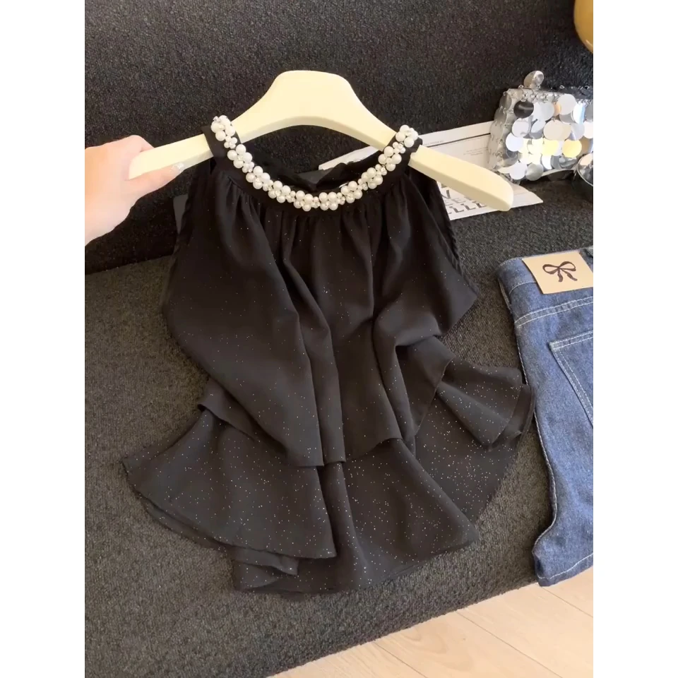 千金风重工珍珠挂脖背心女2025夏款设计感高级法式无袖裙摆上衣