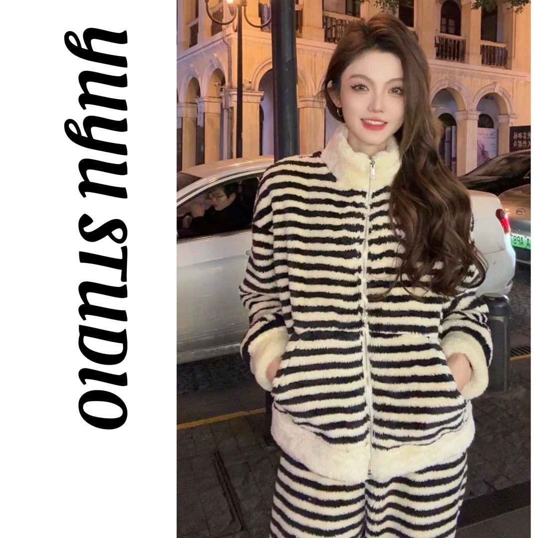 2025秋冬季爆款睡衣女加绒加厚家居服慵懒风条纹立领套装可外穿