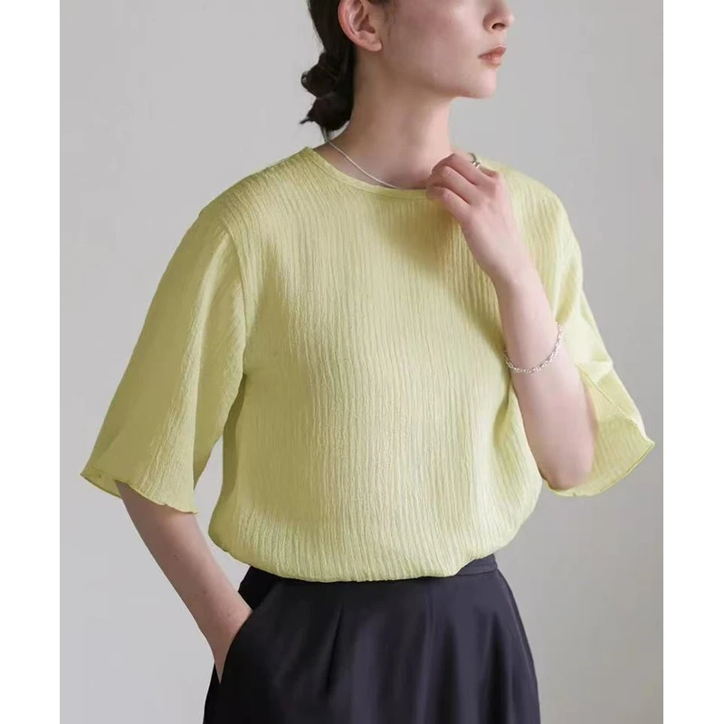 1107 夏季新款简约百搭杨柳褶皱圆领短袖上衣T恤女
