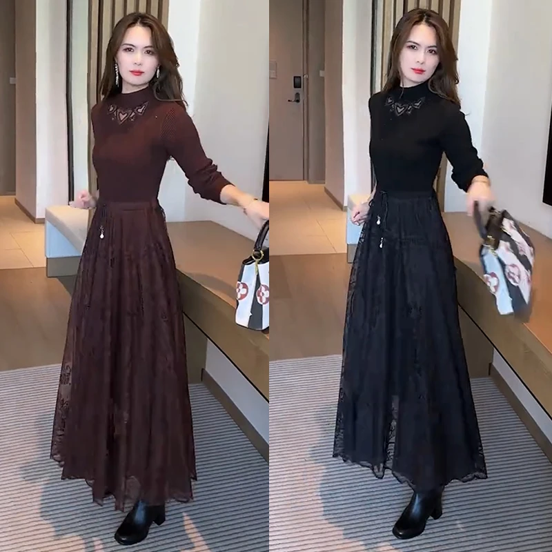 蕾丝拼接网纱洋装女2025秋冬新款时髦洋派长版打底针织毛衣裙子