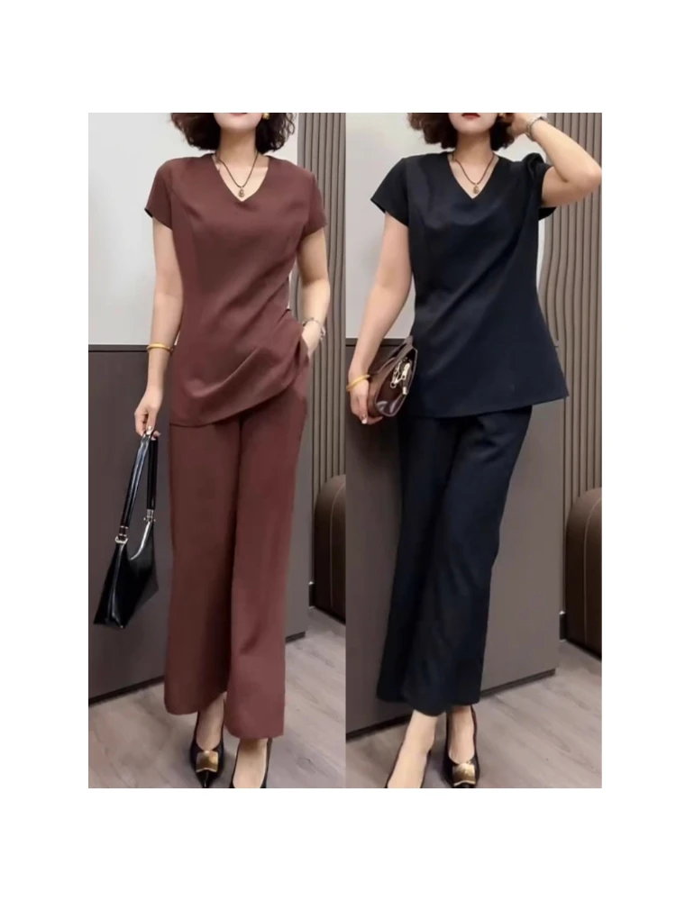 2025秋季新款时尚洋气套装短袖V领上衣高腰微喇西裤显瘦两件套