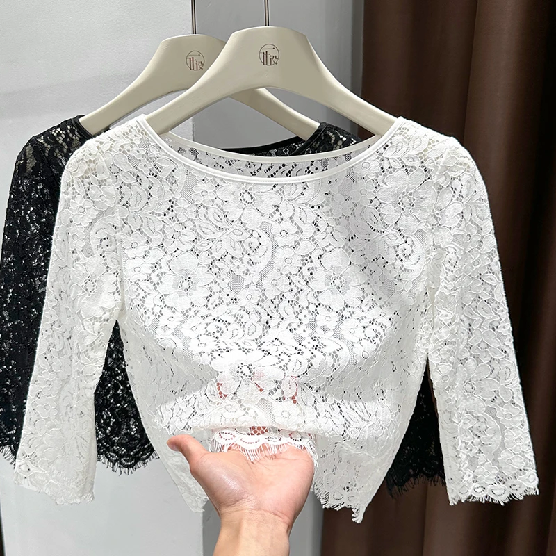 蕾丝中袖短款t恤ins夏季新款配吊带裙外搭罩衫女洋气别致镂空小衫