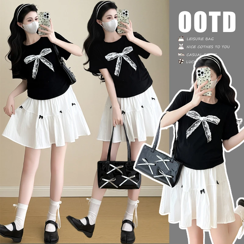 夏季新款孕妇套装时尚洋气减龄圆领印花短袖上衣高腰显瘦抽绳短裙