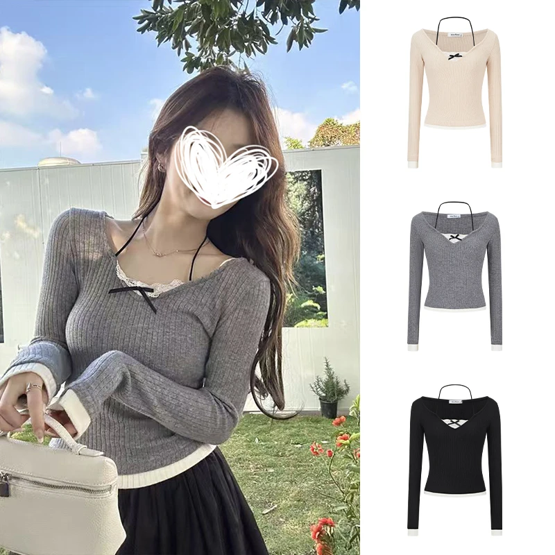 Moses Queen/魔西女王芭蕾风蕾丝假两件挂脖长袖T恤女春秋打底衫