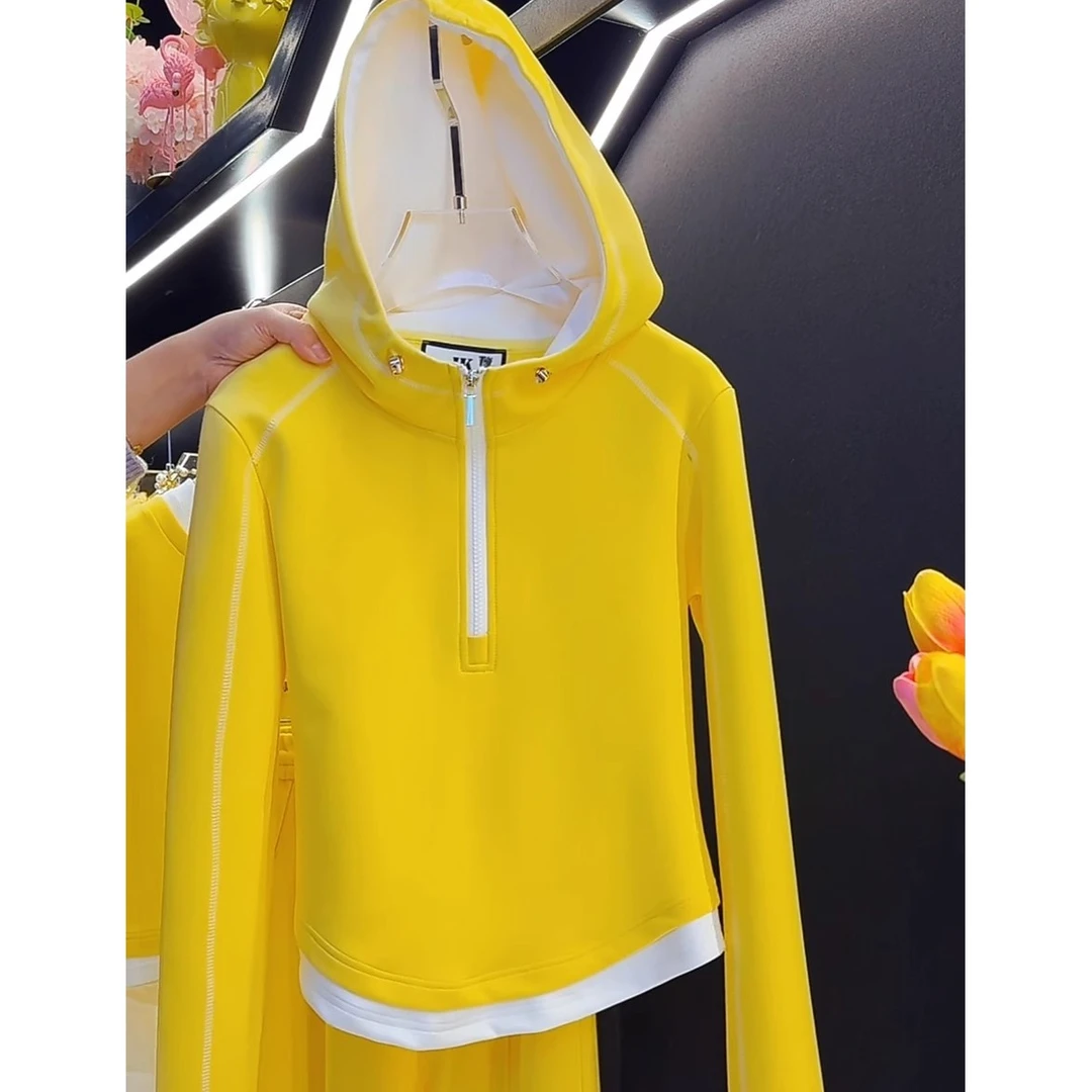 3519韩版时尚撞色拼接2025春季新款连帽长袖卫衣休闲洋气减龄上衣