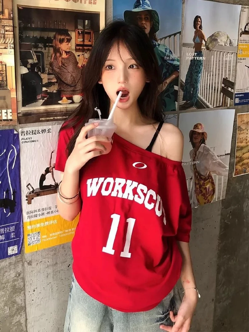 原版特价 简约美式字母印花露肩复古风 66712