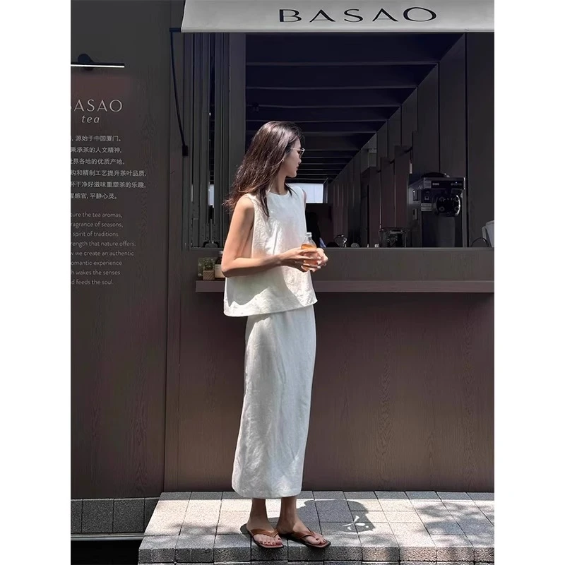 时尚洋气亚麻高级感白色棉麻套装裙2025夏季无袖背心上衣半身长裙