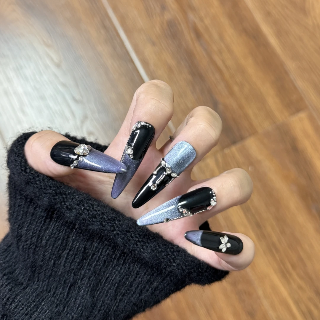 （冰川）辣妹猫眼爆闪黑蓝小众百搭气质暗黑新款高级轻奢穿戴美甲