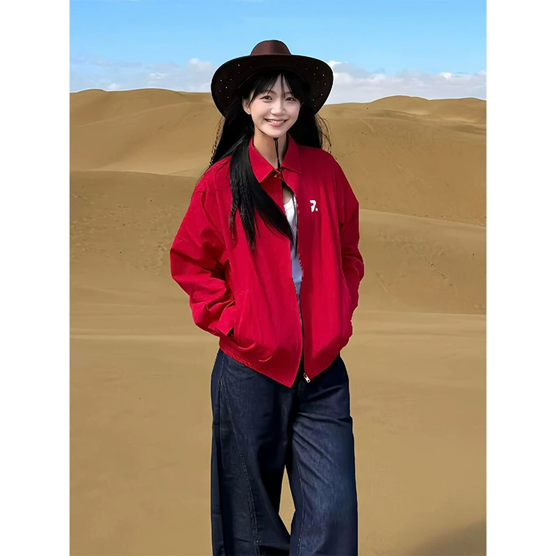 酒红色哈灵顿夹克男女款秋季美式情侣短款外套cleanfit工装棒球服