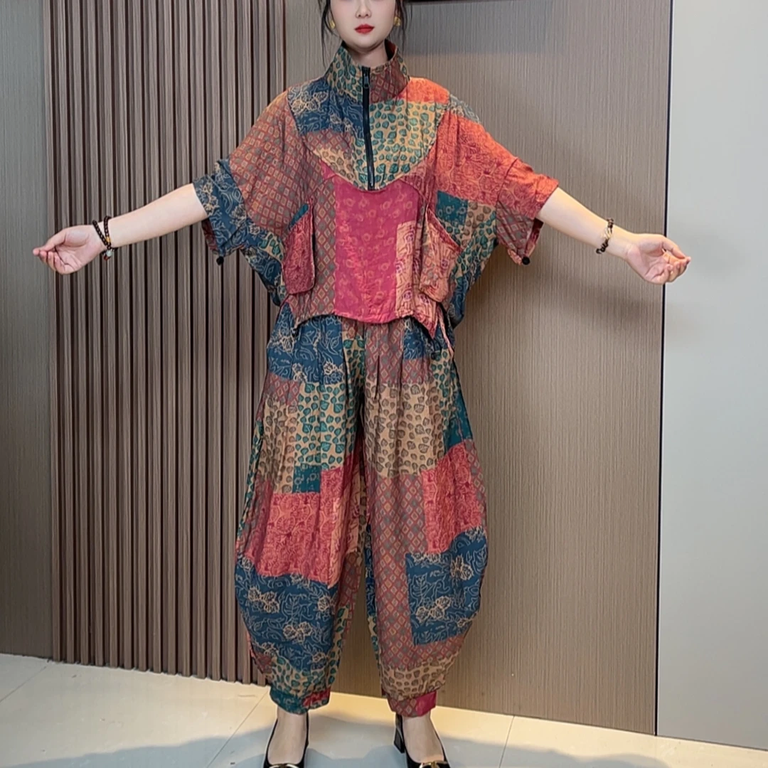 夏季宽松套装时尚百搭复古民族风显瘦碎花套装