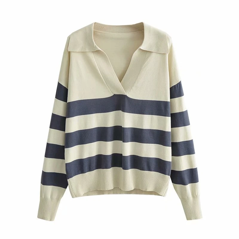 条纹针织衫韩版女装2025春季新款气质宽松Polo套头