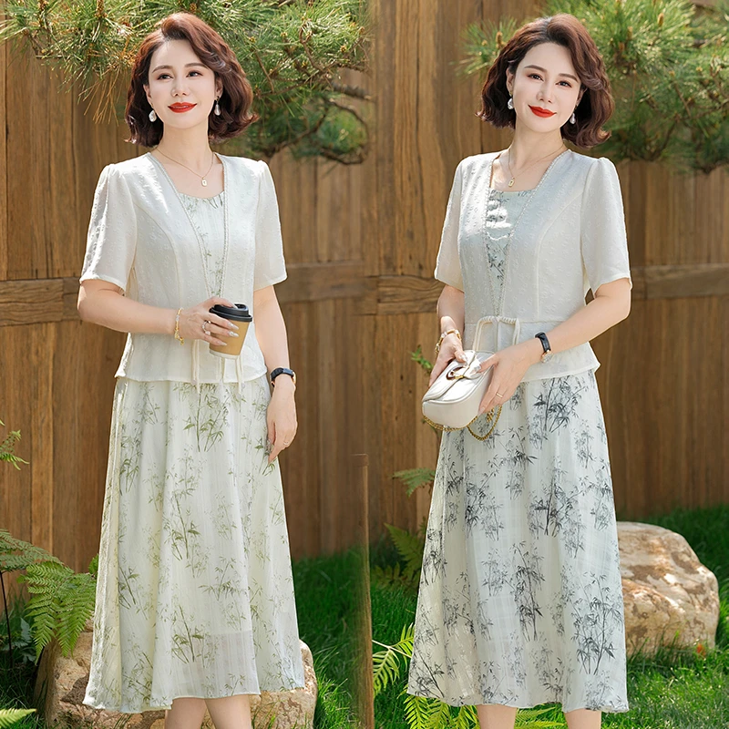 新中式妈妈夏装连衣裙新款中老年女装洋气质贵夫人夏季假两件裙子